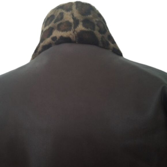 Leopard Trim Vegan Leather Quilted Lining Brown Animal Print Car Coat Sz… - Picture 7 of 10